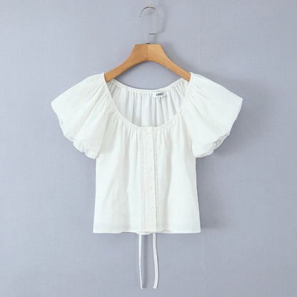 Foridol White Cotton Women Summer Crop Tops Lace Patchwork Short Female Tops Puff Sleeve Square Collar Slim Top Blouse 2025
