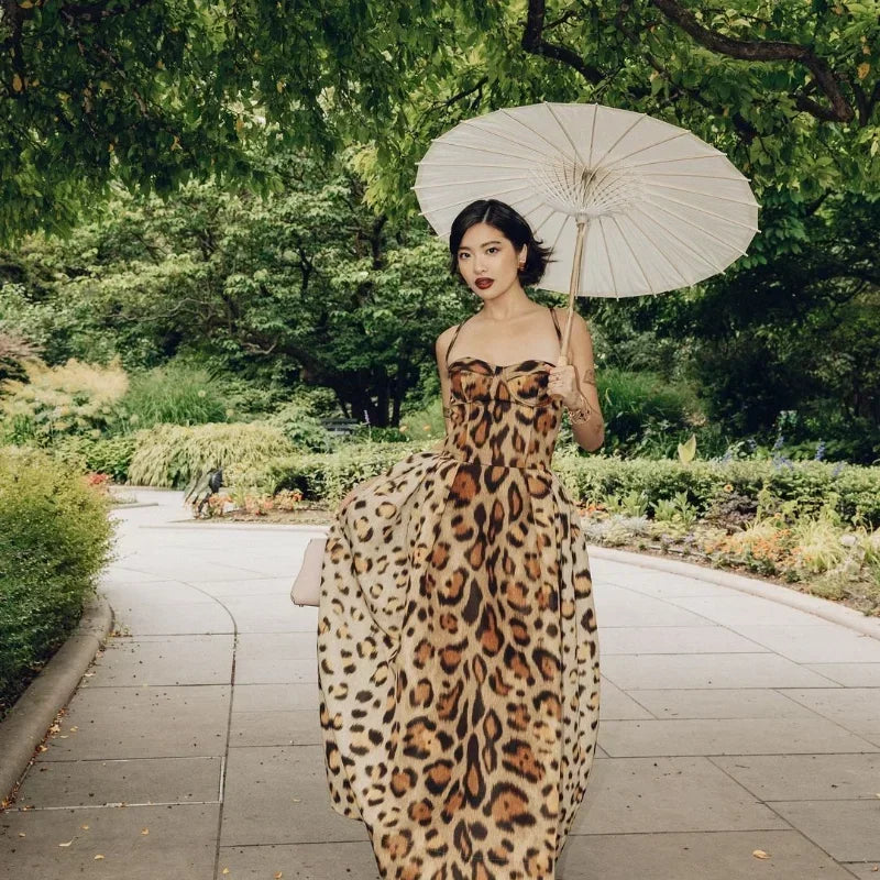 Leopard Print Sleeveless Sling Dress For Women Fashion Chic Backless A Line Dresses 2026 Elegant Female High Street Vestidos