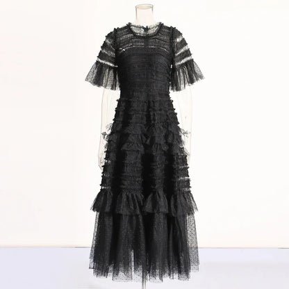 Patchwork Edible Tree Fungus Elegant Dresses For Women Round Neck Short Sleeve High Waist Temperament Dress Female Fashion