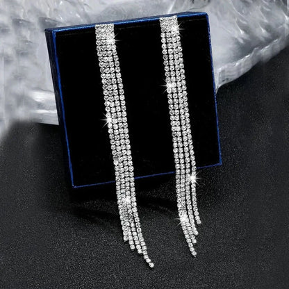 TREAZY Shiny 4 Lines  Rhinestone Crystal Tassel Long Earrings for Women Wedding Party Hanging Dangle Earrings Bridal Brincos