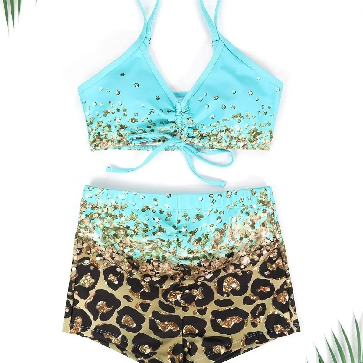 Women Bathing Suit  Print Leopard Bikinis 3 Pieces Swimsuit Kimono High Waist Bikini Shorts Long Sleeve Beach Cover Up Swimwear