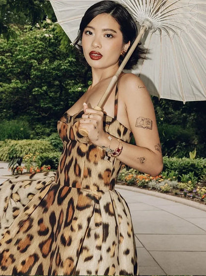 Leopard Print Sleeveless Sling Dress For Women Fashion Chic Backless A Line Dresses 2026 Elegant Female High Street Vestidos