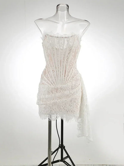TARUXY Sexy Lace See-through Patchwork Corset Dress Female Bodycon Elegant Party MIrrgualr Mini Dress Women Tube Top Dress New