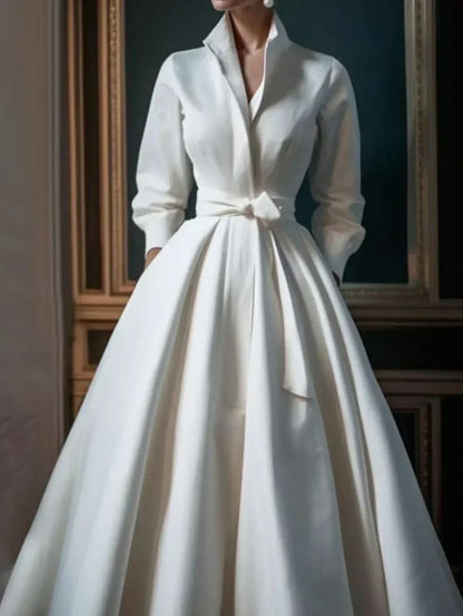 Elegant Women's Solid Color Stand Collar Shirt Dress Casual Mid-Length Waisted Evening Party Dress for Women 2024