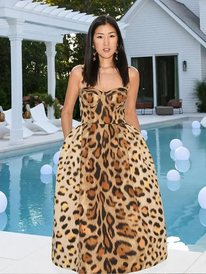 Leopard Print Sleeveless Sling Dress For Women Fashion Chic Backless A Line Dresses 2026 Elegant Female High Street Vestidos
