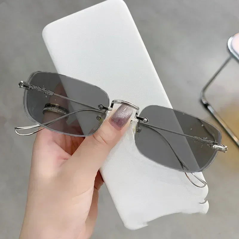 New Fashion Photochromic Myopia Glasses Vintage Rimless Square Women Men Anti Blue Light UV Sunglasses Optical Diopter Eyewear
