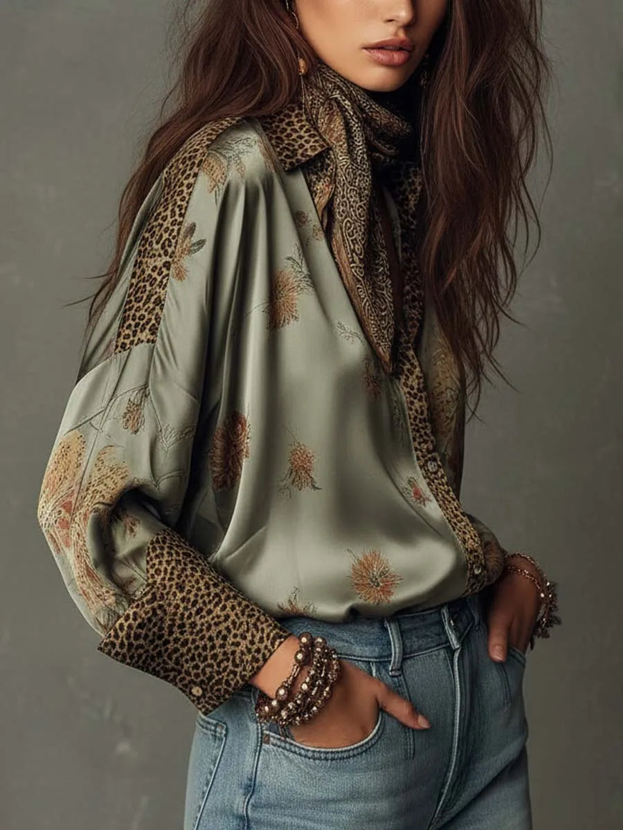 Retro Floral Print Loose Blouse Women Leopard Splice Lapel Button Long Sleeve Satin Shirts Casual Beach Bohemian Tops with Scarf