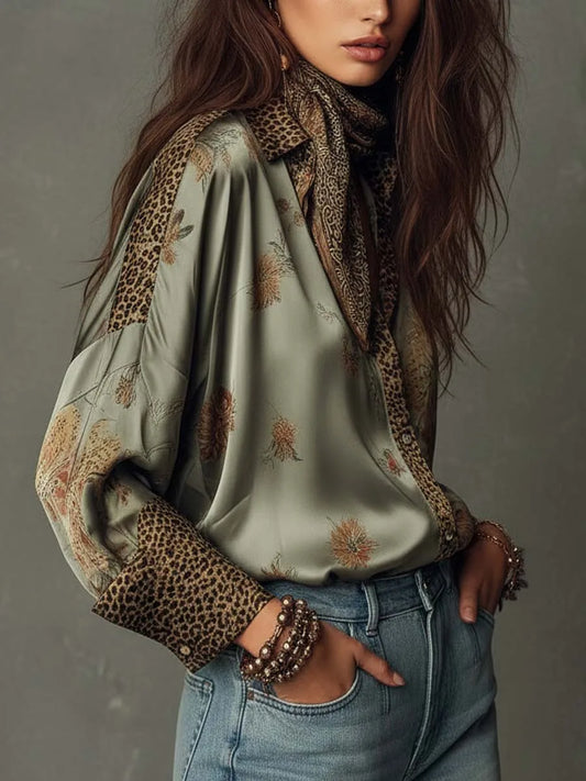 Retro Floral Print Loose Blouse Women Leopard Splice Lapel Button Long Sleeve Satin Shirts Casual Beach Bohemian Tops with Scarf