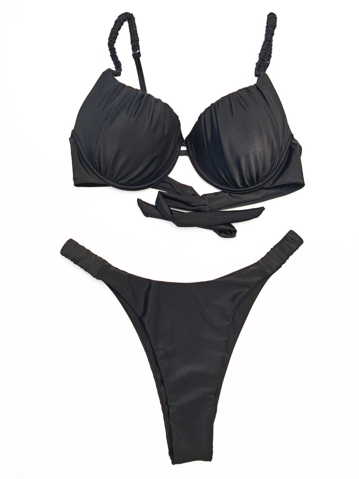 New pleated hard cup sexy bikini solid color swimsuit women's separate strap support vacation adjustable halter bikini