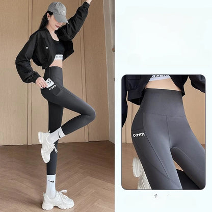 Horetong Women Sports Pants With Pocket High Waist Fitness Running Casual Streetwear Trousers Female Tight Workout Gym Clothing