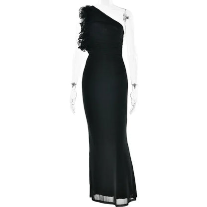 Articat Elegant Sleeveless Slant Shoulder Flower Dress Women Spring/Summer 2025 Sexy Mesh Wrap Hip Dress Party Evening Dress
