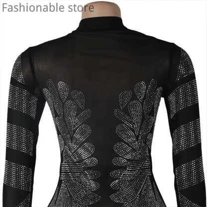 Women Sexy Solid Color Sheer Mesh Rhinestone Design Bodycon Nightclub Party Dress