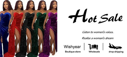 Wishyear Elegant Sparkly Bodycon Long Dresses with Trail Christmas Birthday Dress for Women Sequin Velvet Maxi Evening Vestidos