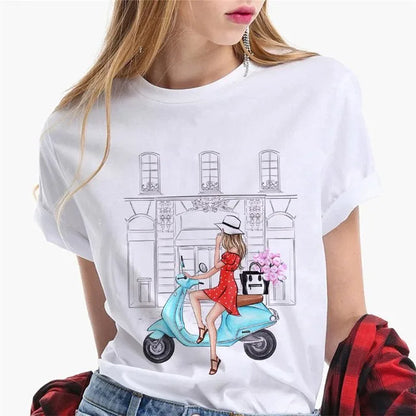 Paris Girl Europe and America Fashion Loose Ins White Short-sleeved T-shirt Woman Graphic T Shirts  Harajuku  Women Clothes