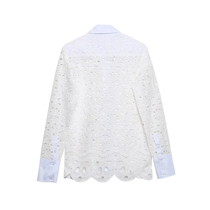 Spring Women Summer White Lace Dress Set Hollow Out Embroidery Shirt Skirt 2 Pcs Robe Outfits Single Breasting Cotton Maxi Dress