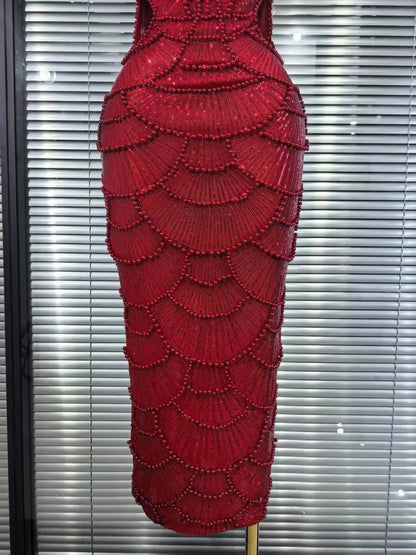Pearl Beaded Christmas Dress | Sleeveless Bodycon Party Gown - Femstylo