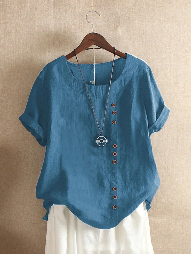 18 Colors S-5XL Women Cotton Linen Button Blouse Summer Female O-Neck Short Sleeve Solid Shirt Tops WYLP-M03