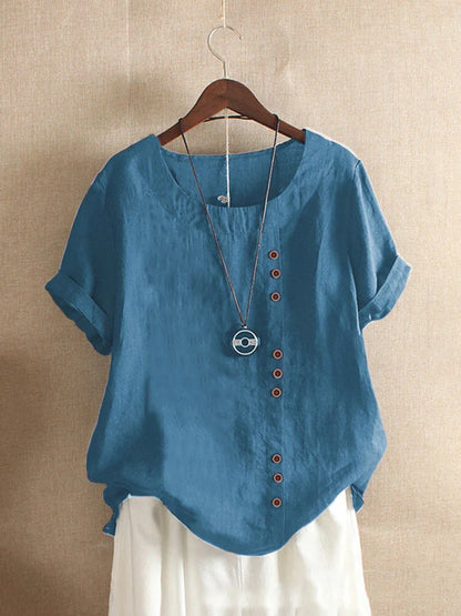 18 Colors S-5XL Women Cotton Linen Button Blouse Summer Female O-Neck Short Sleeve Solid Shirt Tops WYLP-M03