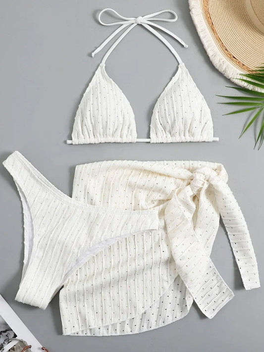 2026 New 3 Pieces Set Swimsuit Women Thong Swimwear Sexy Micro Bikini Set With Sarong Skirt White Beachwear Bathing Suit Pink