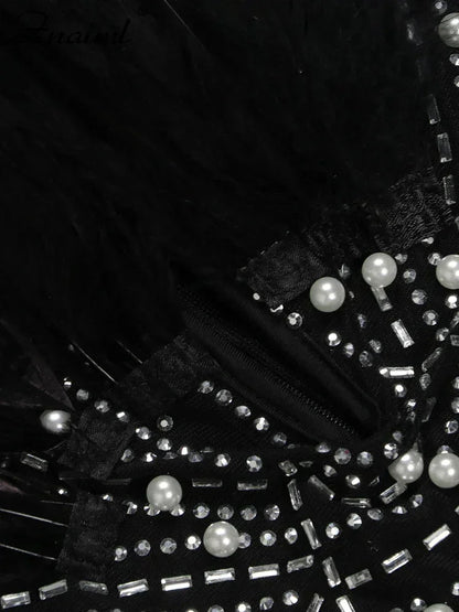 Znaiml Sexy Feathers Rhinestones Backless Diamond Sheer Mesh Bodycon Dresses for Woman Rave Club Birthday Party Night Vestidos