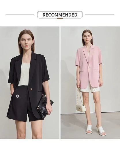 Amii Women's Top Minimalist 2025 Summer New Notched Lapel Contrast Material Patchwork One Button Short Sleeve Blazer 12542081