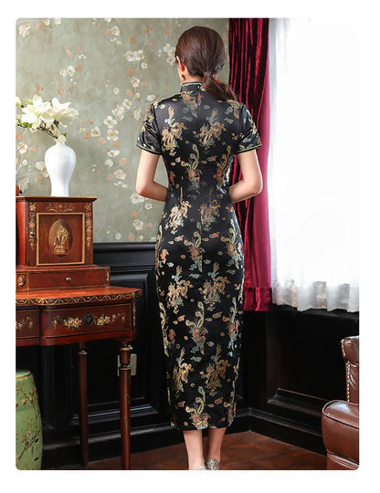 Large Size Sexy Slim Long Qipao Dress Women Retro Elegant Cheongsam Short Sleeve Brocade Dragons and Phoenixes Clothes Vestidos