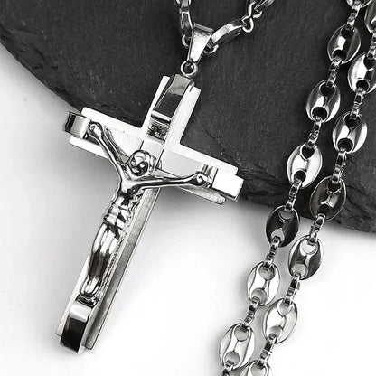 Jesus Cross Crucifix Pendant Necklace for Men Stainless Steel Gold Color Christian Coffee Bean Chain Jewelry croix chrétienne