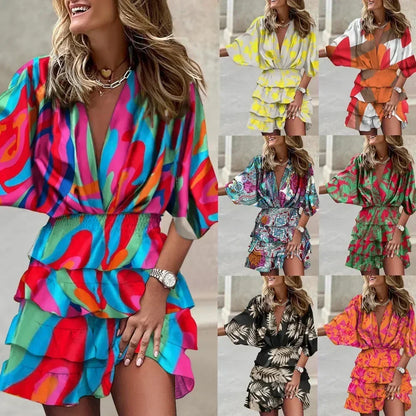 Women Fall V-Neck Loose Batwing Hafl Sleeve Print Dress Fashion Elegant Lace-up Ruffle Beach Mini Dresses Casual Streetwear 2024