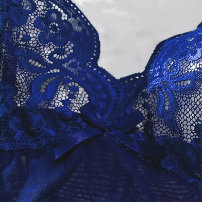 Transparent Lace Nightgown Sexy Sleepwear Female Exquisite Homewear V-neck Bra Thong Set Sleeveless Nightdress Hot Tulle Dress