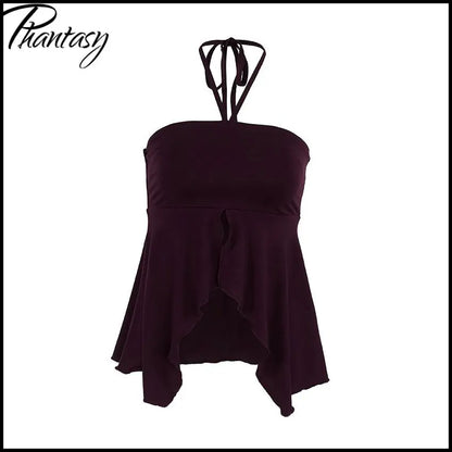 Phantasy Fashion Halter Crop top Fashion Brown Tank Top Women Sexy Split Camisole Lady Night Out Streetwear 2026 Summer Clothing