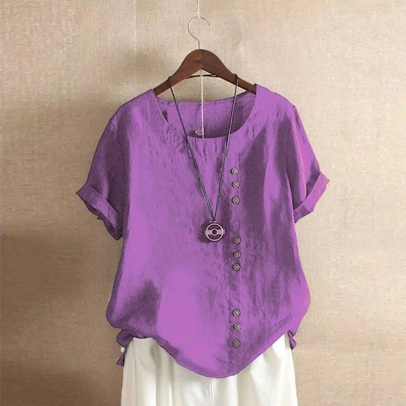 18 Colors S-5XL Women Cotton Linen Button Blouse Summer Female O-Neck Short Sleeve Solid Shirt Tops WYLP-M03