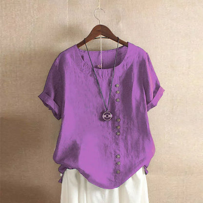 18 Colors S-5XL Women Cotton Linen Button Blouse Summer Female O-Neck Short Sleeve Solid Shirt Tops WYLP-M03