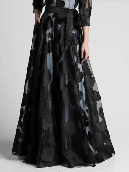 Elegant Three-Quarter Sleeve Knotted Waist Jacquard Mesh Maxi Dress for Women No Lining Transparent Club Party Long Dress