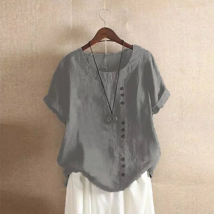 18 Colors S-5XL Women Cotton Linen Button Blouse Summer Female O-Neck Short Sleeve Solid Shirt Tops WYLP-M03
