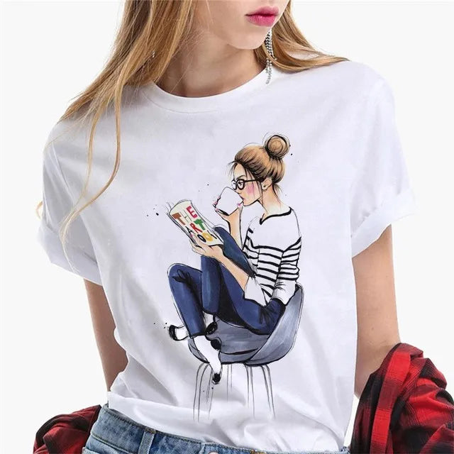 Paris Girl Europe and America Fashion Loose Ins White Short-sleeved T-shirt Woman Graphic T Shirts  Harajuku  Women Clothes
