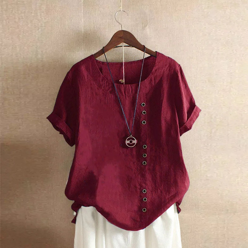 18 Colors S-5XL Women Cotton Linen Button Blouse Summer Female O-Neck Short Sleeve Solid Shirt Tops WYLP-M03
