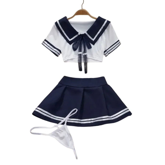 Cosplay Sexy Lingerie Set Women's 2 Piece Nightgown Student Uniform Set Short Top Crotchless Dresses Erotic Bra Nightdress