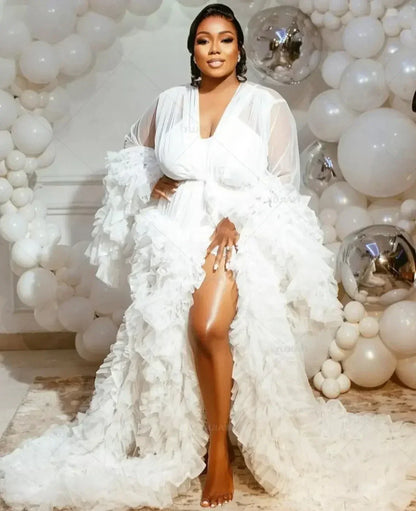 Maternity Gown for Baby Shower Dressing Gown Perspective Sheer Skirt Long Tulle Bridal Robe Puffy Sleepwear for Women Nightwear