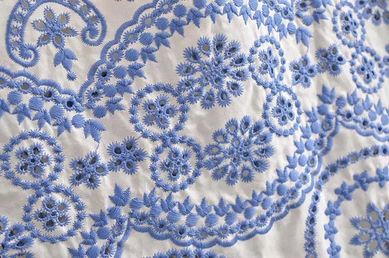 Blue Floral Embroidey Summer Beach Dress Women Casual Holiday Bohemian Dress Boho Sundress Maxi Long Vestidos Fashion Clothes