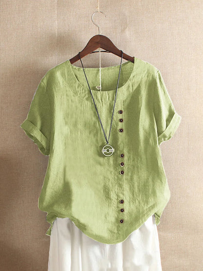 18 Colors S-5XL Women Cotton Linen Button Blouse Summer Female O-Neck Short Sleeve Solid Shirt Tops WYLP-M03