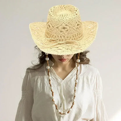 Summer Outdoor Men Women Hand-woven Western Cowboy Straw Hats Wide Brim Breathable Beach Jazz Cap Sun Protection Hat