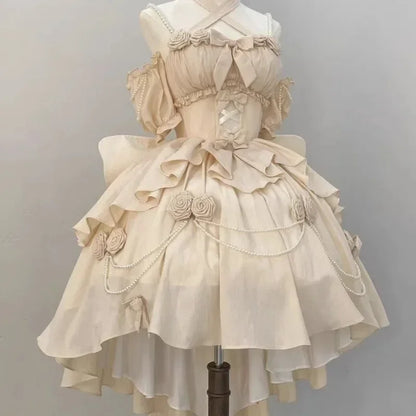 2025 Vestidos De Mujer Sweet Dresses for Women Lolita Style Fashion Japanese Robe Femme Beading Hollow Out 3D Floral Cute Dress