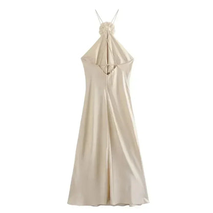MUJER Flower Halter Dress Woman Off Shoulder Satin Long Dress Women Backless Sexy Evening Dresses Summer Party Dresses For Women