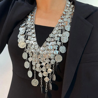 Punk exaggerated retro metal coin pendant necklace Fashion sexy exotic multi-layer fringe necklace waist chain women