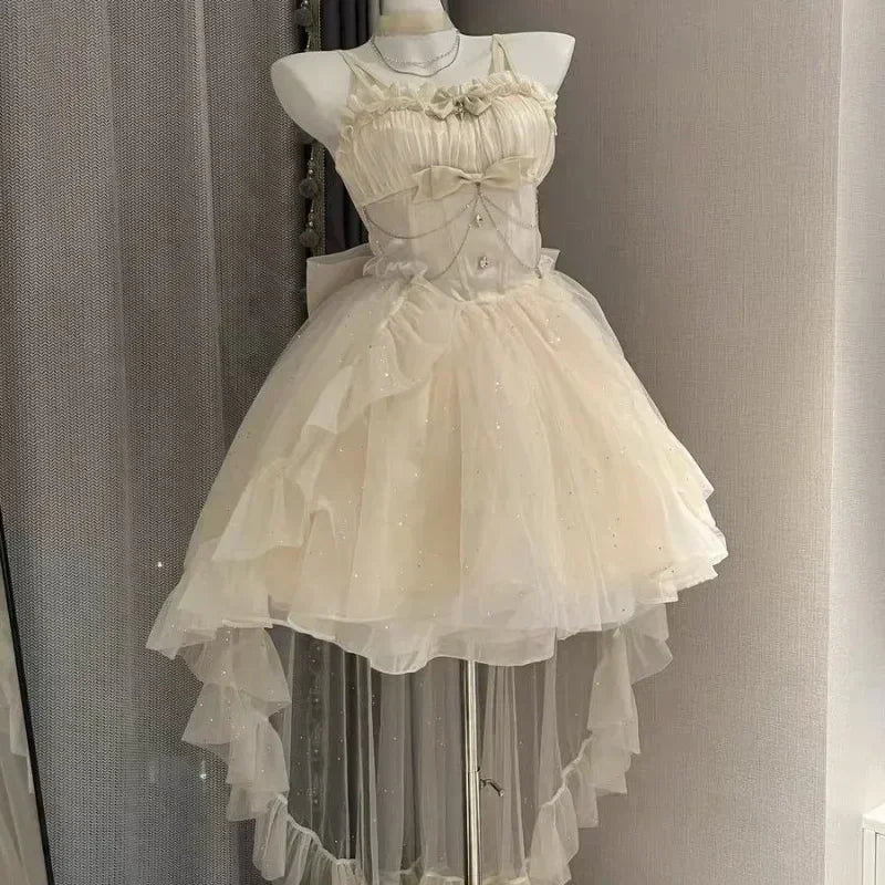 2025 Women Kawaii Ruffles Bow Suspender Princess Dresses Gothic Lolita Jsk Mini Dress Girl Sweet Fairy Party Trailing Dress