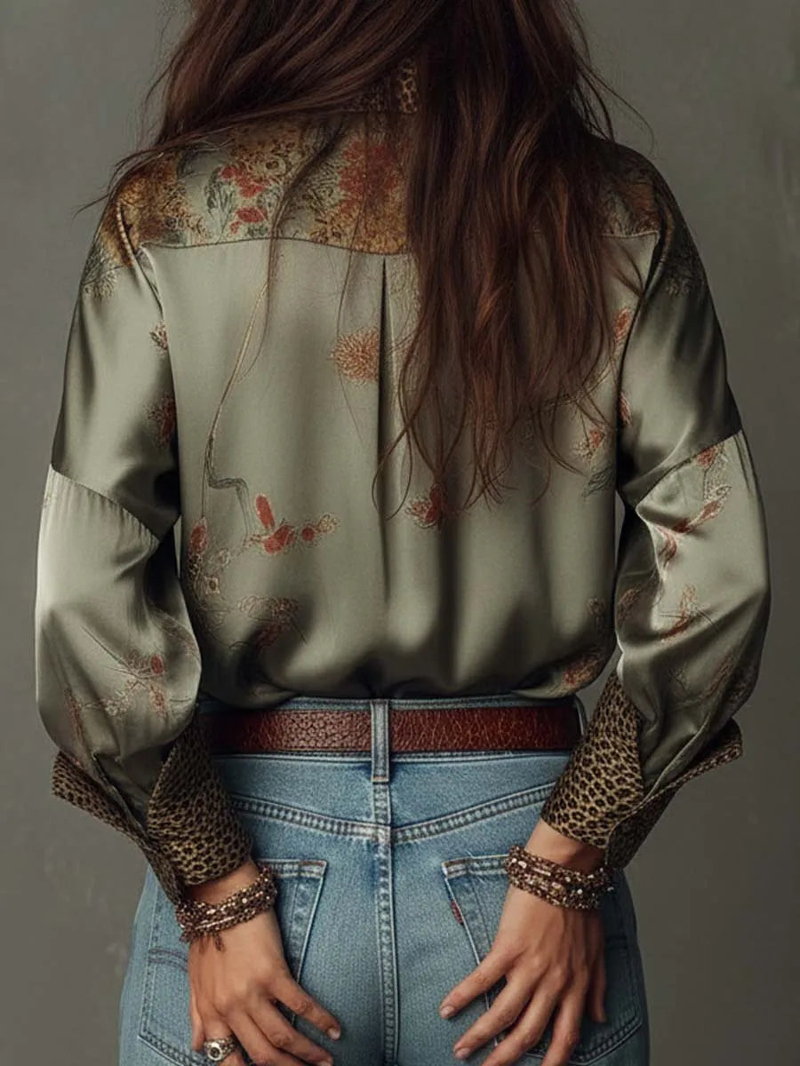 Retro Floral Print Loose Blouse Women Leopard Splice Lapel Button Long Sleeve Satin Shirts Casual Beach Bohemian Tops with Scarf