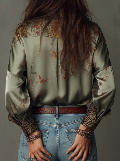 Retro Floral Print Loose Blouse Women Leopard Splice Lapel Button Long Sleeve Satin Shirts Casual Beach Bohemian Tops with Scarf