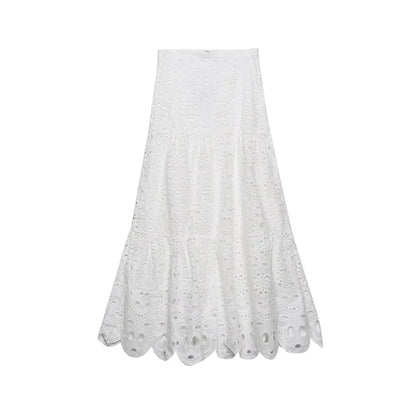 Spring Women Summer White Lace Dress Set Hollow Out Embroidery Shirt Skirt 2 Pcs Robe Outfits Single Breasting Cotton Maxi Dress