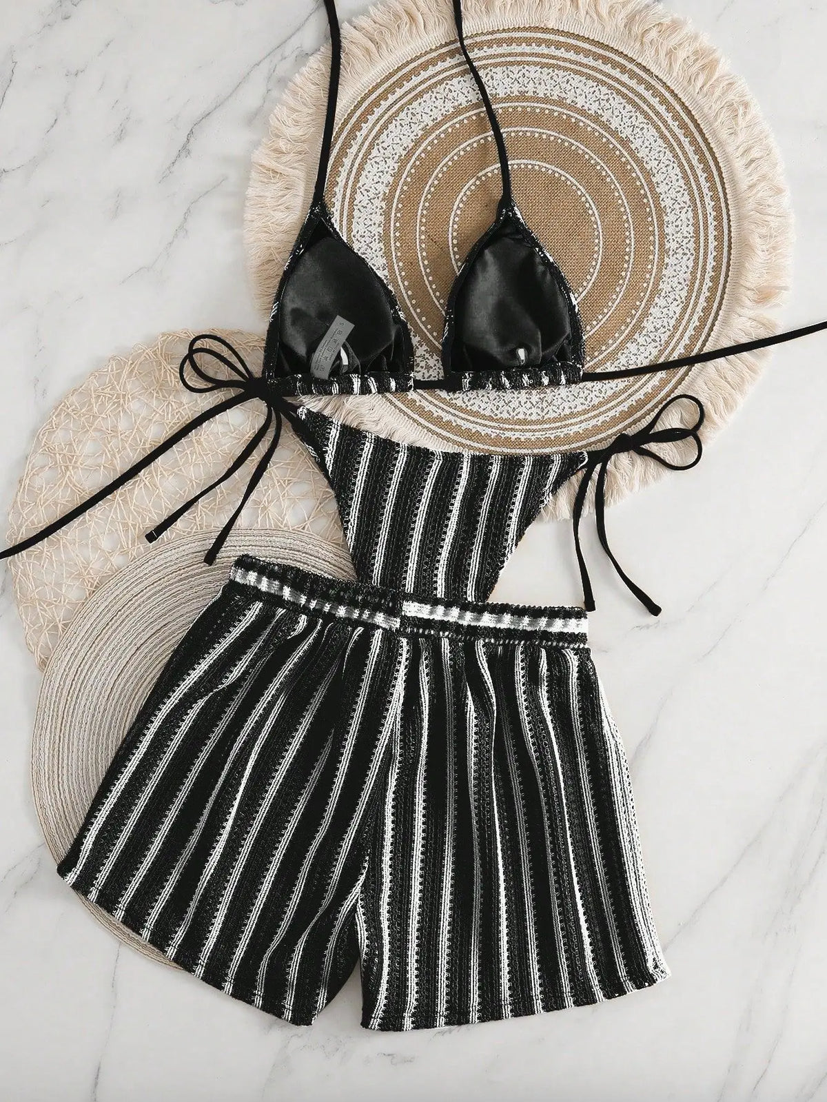 New Retro 3 Pieces Knitted Mesh String Bikini Set Swimsuit Women Blue Striped Swimwear with Shorts Beach Wear Boho Bathing Suit