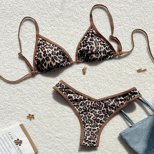 Sexy Leopard Print Bikini 2 Piece Set Women Laced Up Split Swimsuit Low Waist Beachwear 2025 New Summer Swimwear Bikinis Set